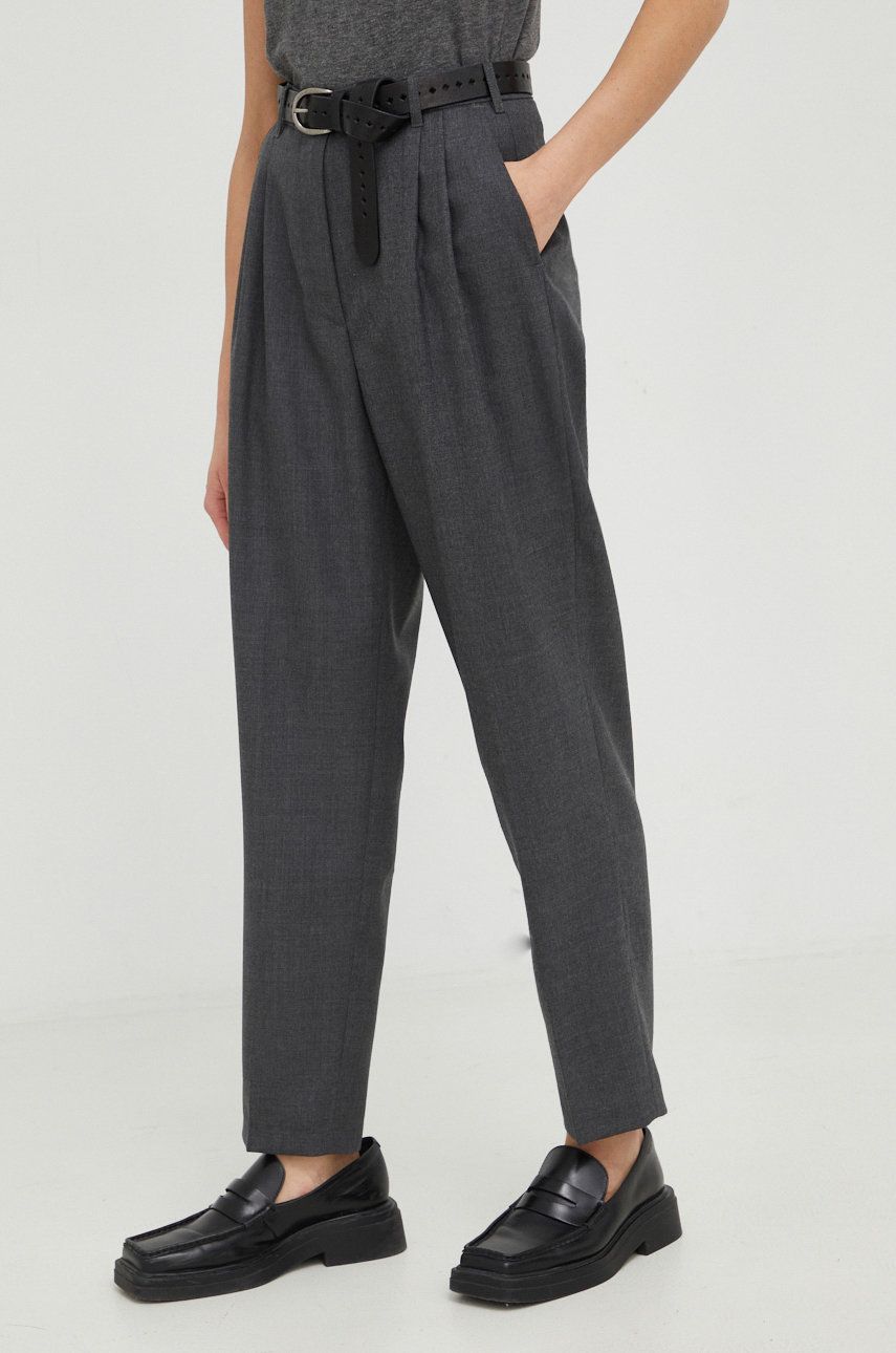 American Vintage spodnie wełniane damskie kolor szary fason cygaretki high waist