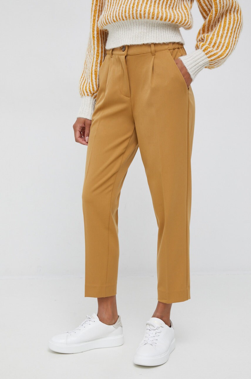 Sisley pantaloni femei, culoarea maro, drept, high waist