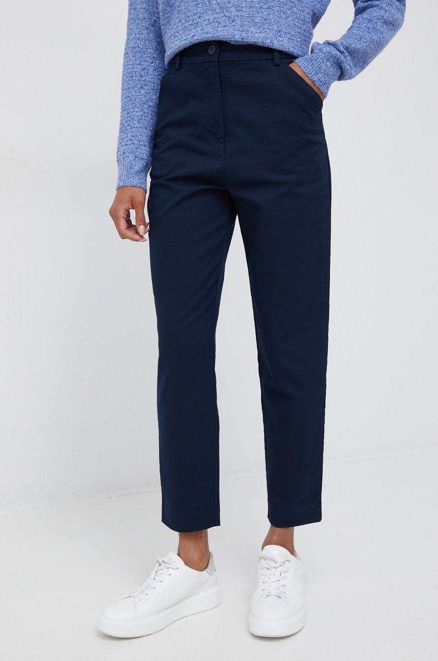 Sisley pantaloni femei, culoarea albastru marin, fason chinos, high waist