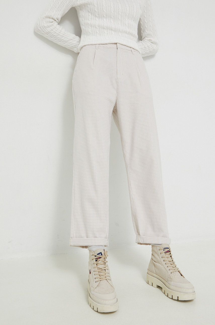 Kalhoty Brixton dámské, béžová barva, jednoduché, high waist - béžová -  60% Bavlna
