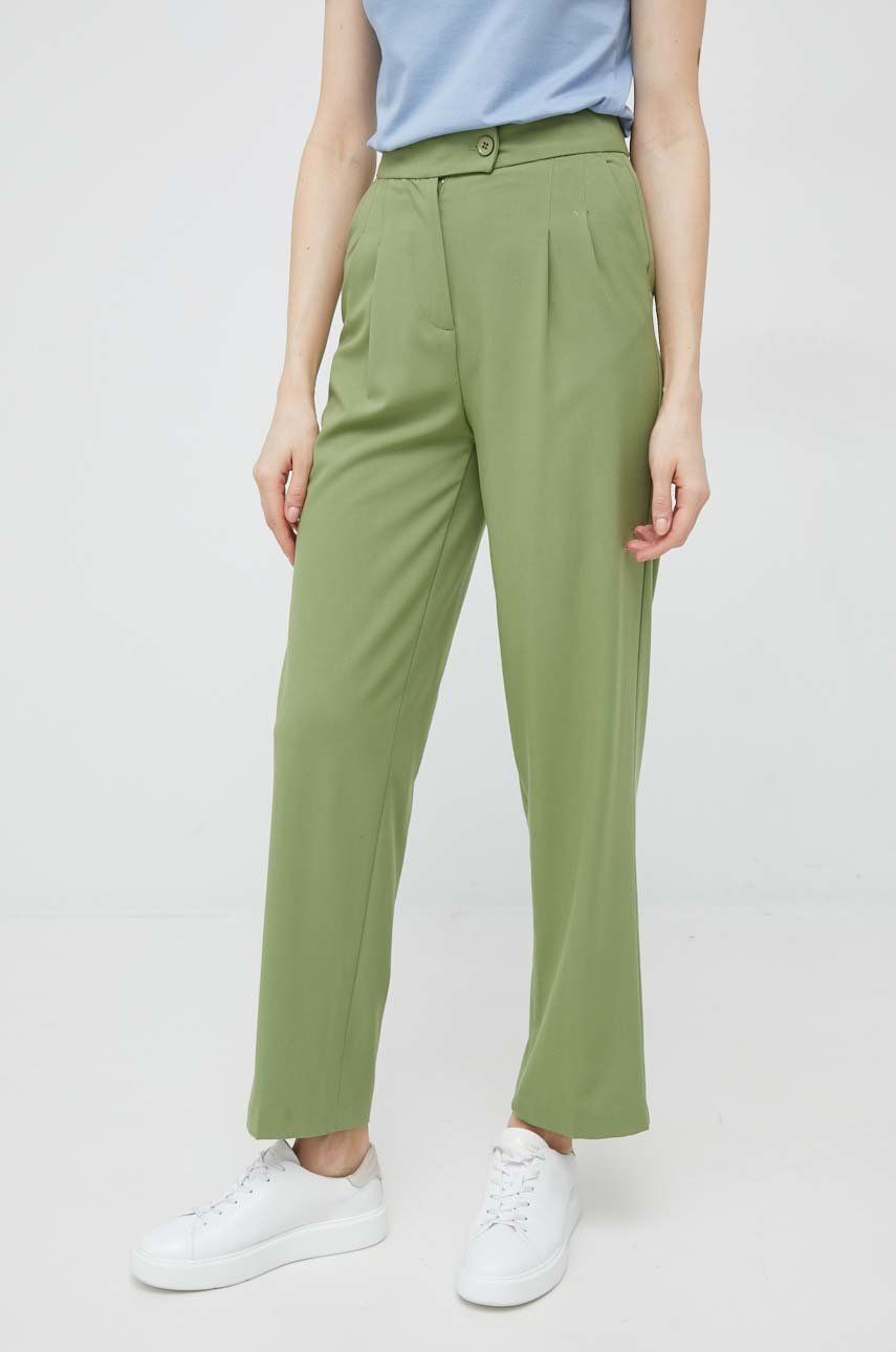 Kalhoty United Colors of Benetton dámské, zelená barva, široké, high waist - zelená -  63% Poly
