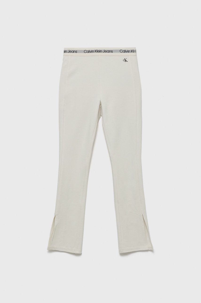 Dětské kalhoty Calvin Klein Jeans bílá barva, hladké - bílá -  66% Viskóza