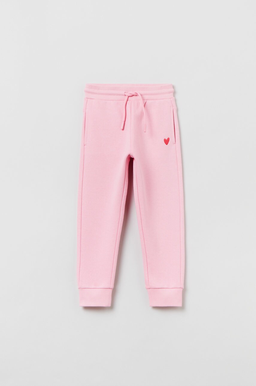Ovs pantaloni de trening din bumbac pentru copii culoarea roz, neted
