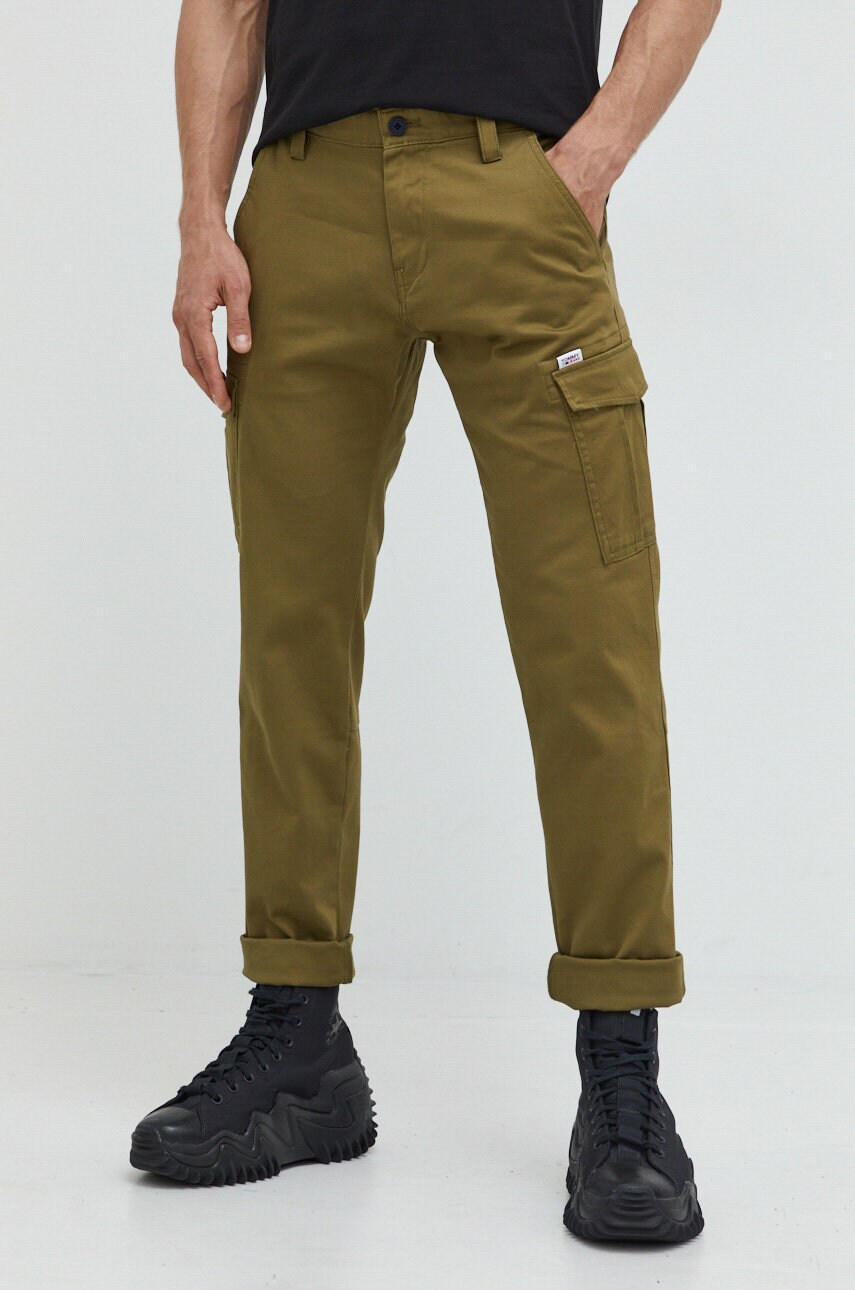 Tommy jeans pantaloni barbati, culoarea verde, cu fason cargo