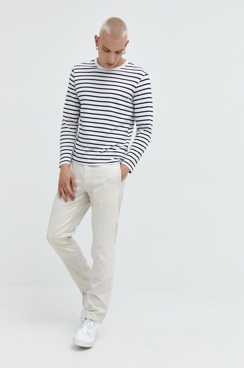 Hugo pantaloni din amestec de in barbati, culoarea bej, drept