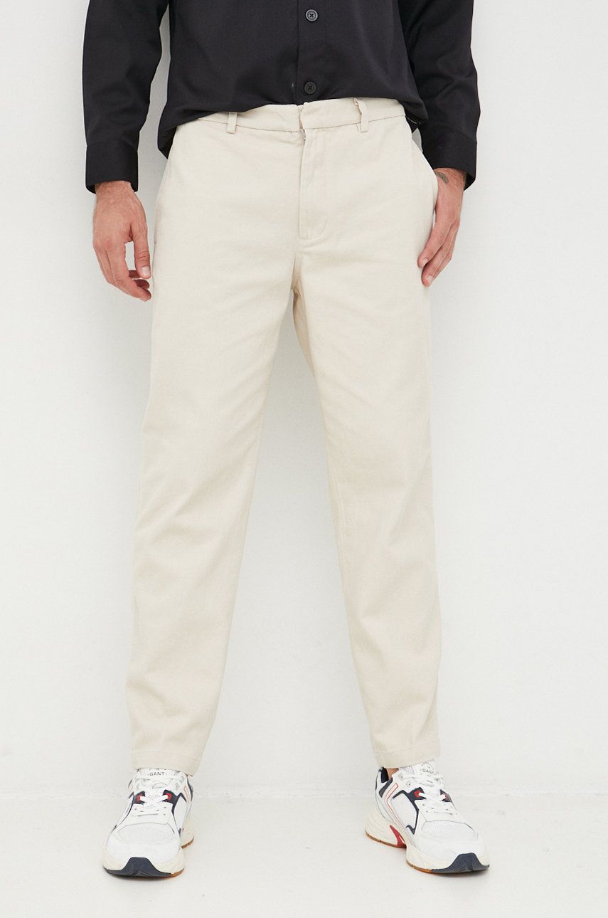 Emporio Armani spodnie bawełniane męskie kolor beżowy proste