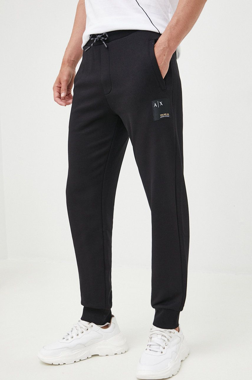 Armani Exchange pantaloni de trening din bumbac barbati, culoarea negru, neted answear.ro