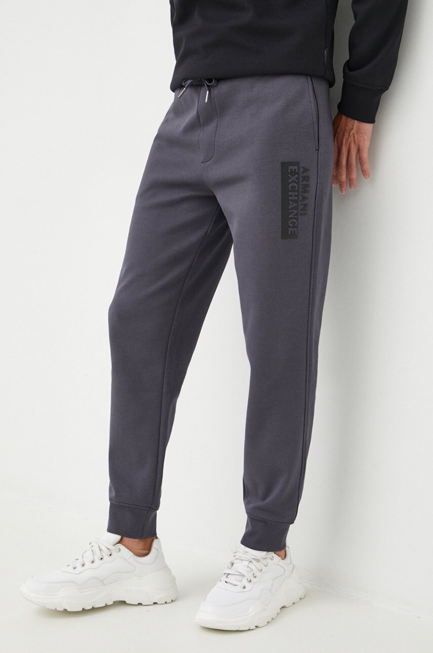 Armani exchange pantaloni de trening barbati, culoarea gri, cu imprimeu