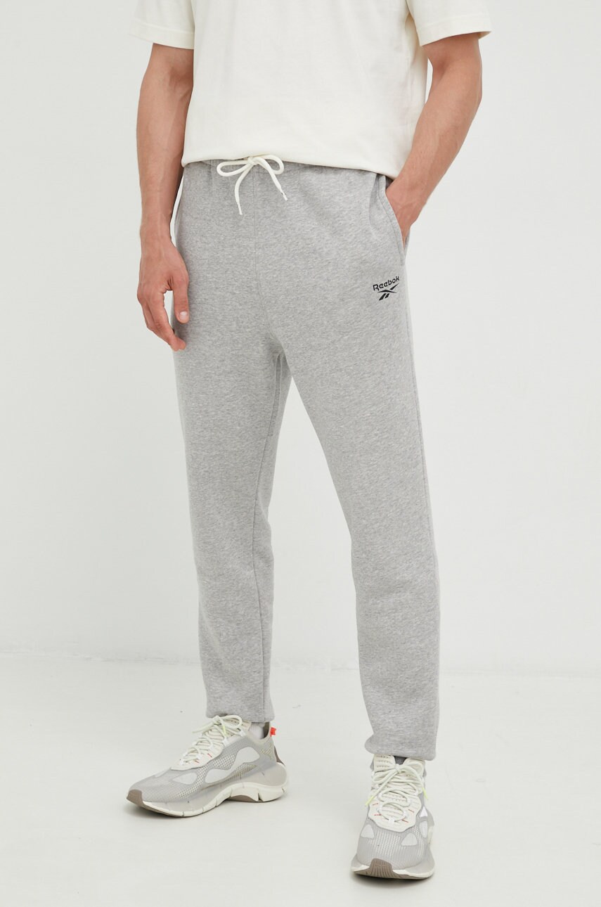 Reebok pantaloni de trening barbati, culoarea gri, melanj