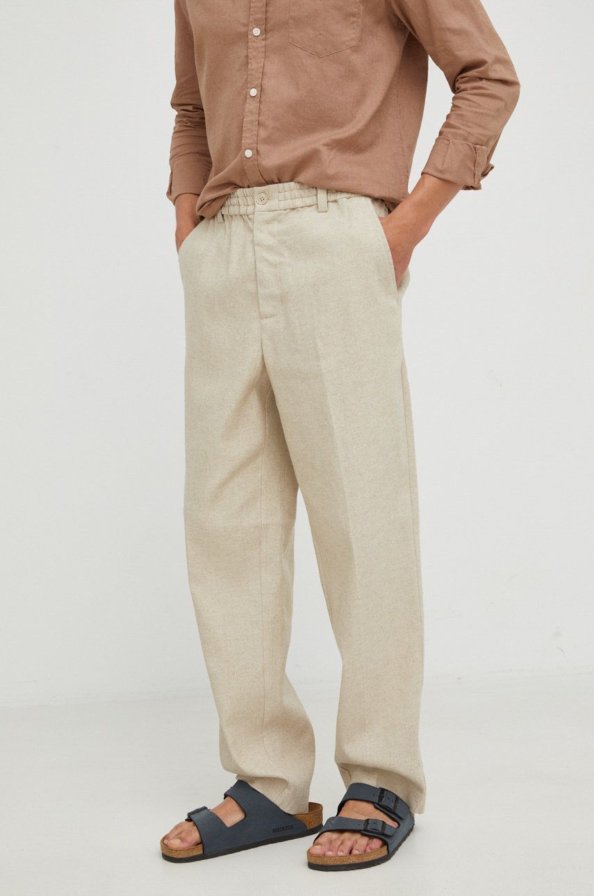 Plátěné kalhoty Samsoe Samsoe pánské, béžová barva, jednoduché - béžová -  68% Len