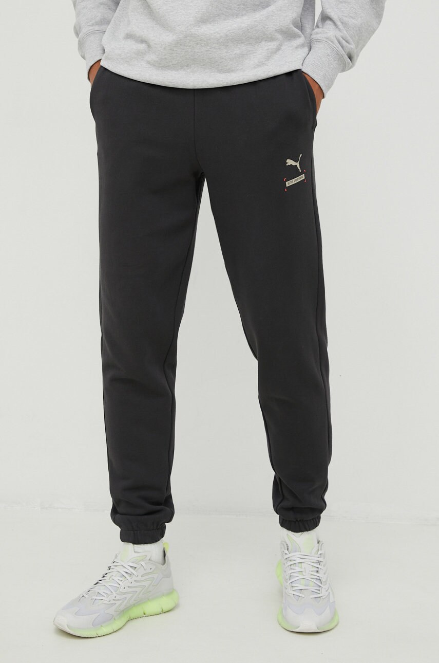 Puma pantaloni de trening din bumbac barbati, culoarea gri, neted