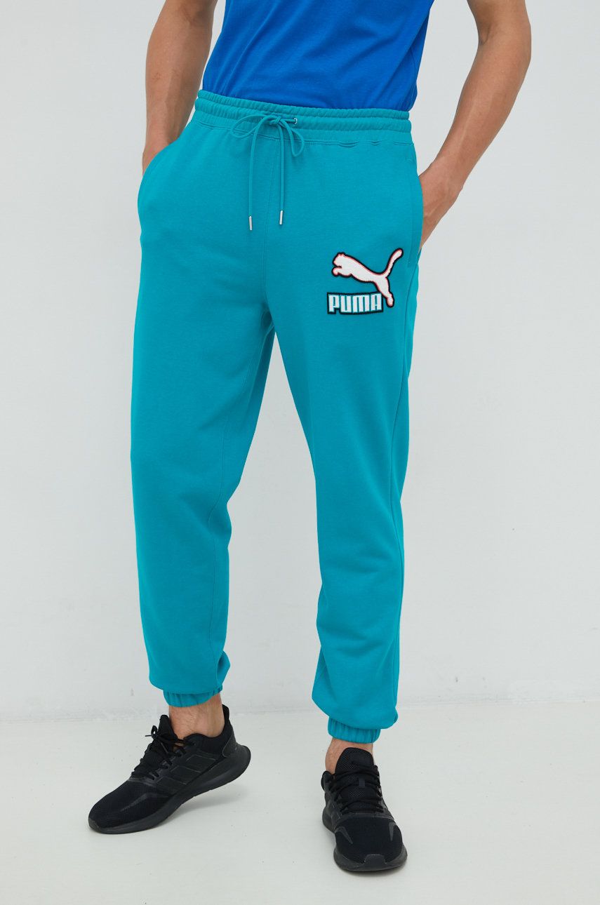 Puma pantaloni de trening din bumbac barbati, culoarea turcoaz, cu imprimeu