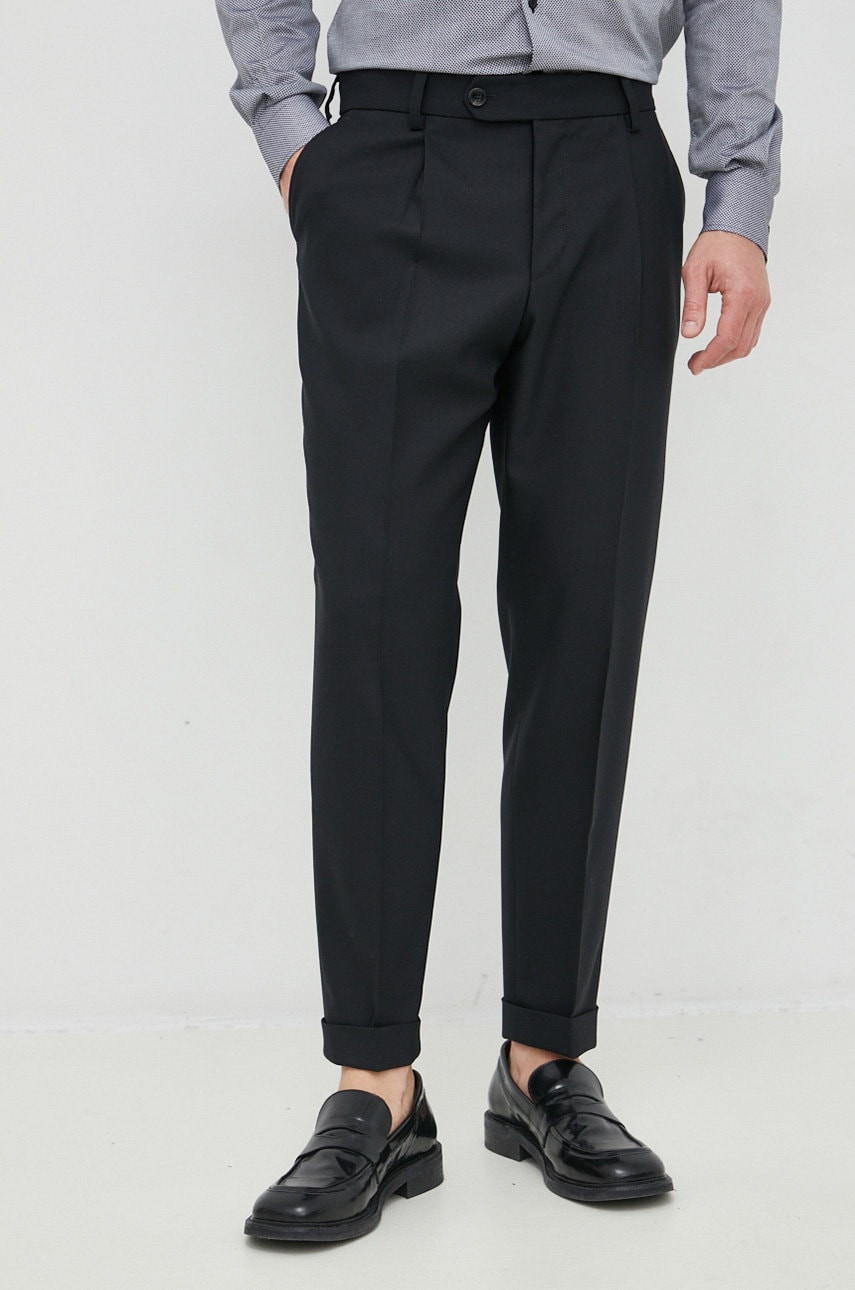 Boss pantaloni de lana barbati, culoarea negru, cu fason chinos