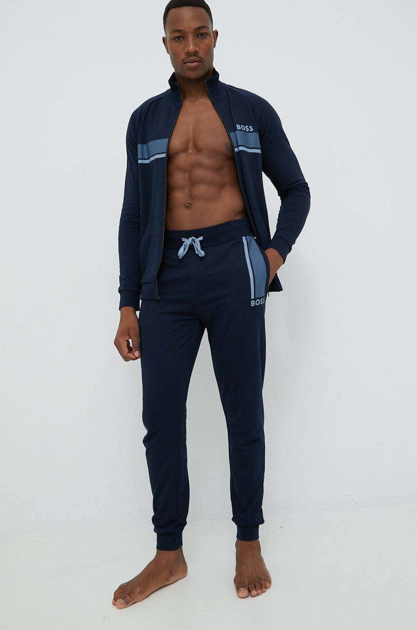Boss pantaloni de trening din bumbac barbati, culoarea albastru marin, cu imprimeu
