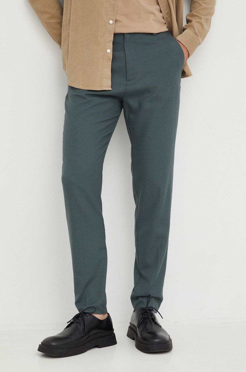 E-shop Kalhoty s příměsí vlny Samsoe Samsoe pánské, zelená barva, přiléhavé