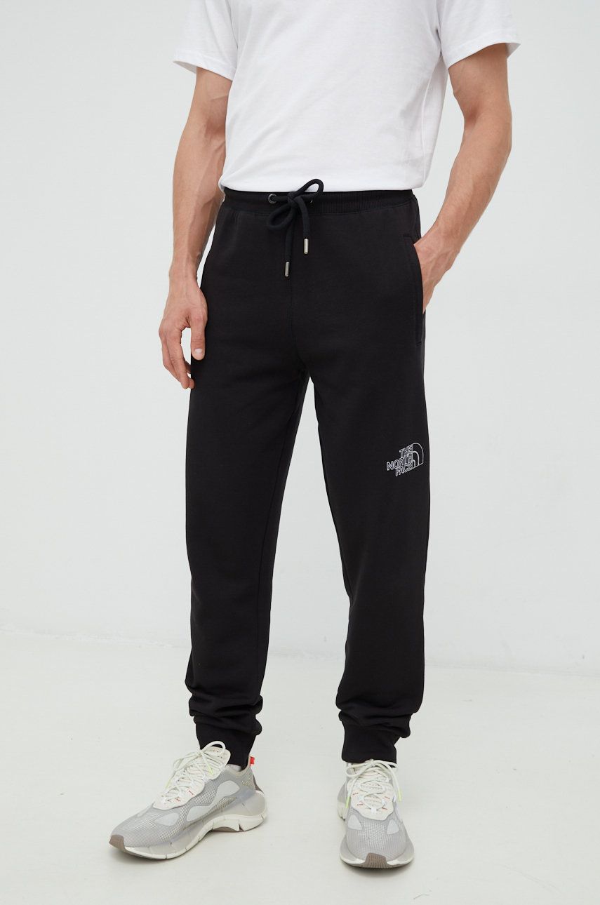 The North Face pantaloni de trening din bumbac barbati, culoarea negru, neted