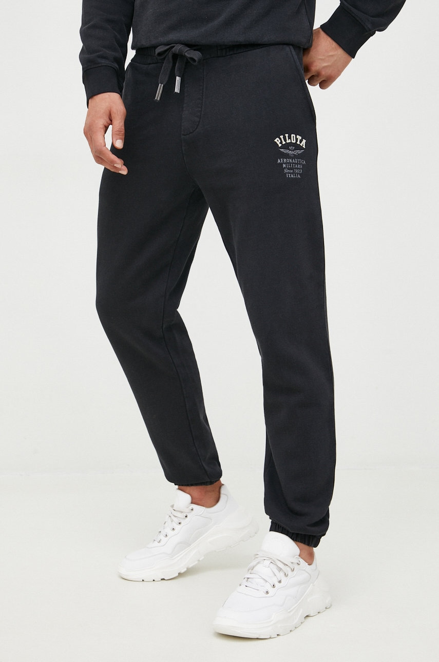 Aeronautica militare pantaloni de trening din bumbac barbati, culoarea negru, neted