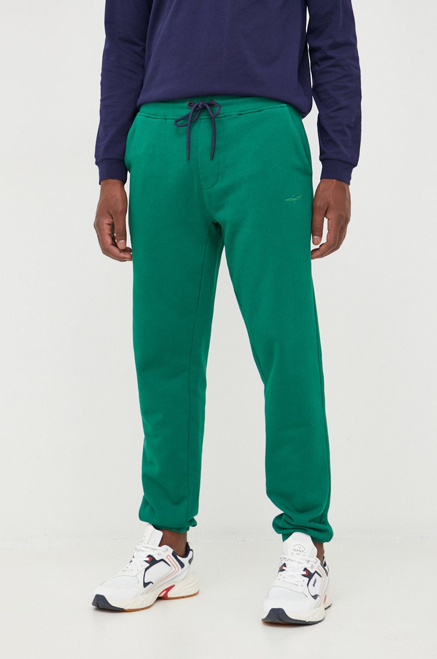 Aeronautica militare pantaloni de trening din bumbac barbati, culoarea verde, neted