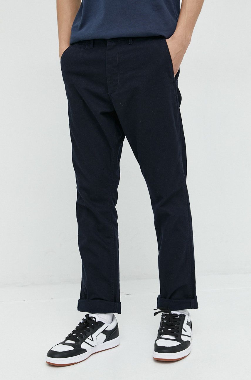 Bavlněné kalhoty Superdry pánské, tmavomodrá barva, přiléhavé - námořnická modř -  100% Bavlna
