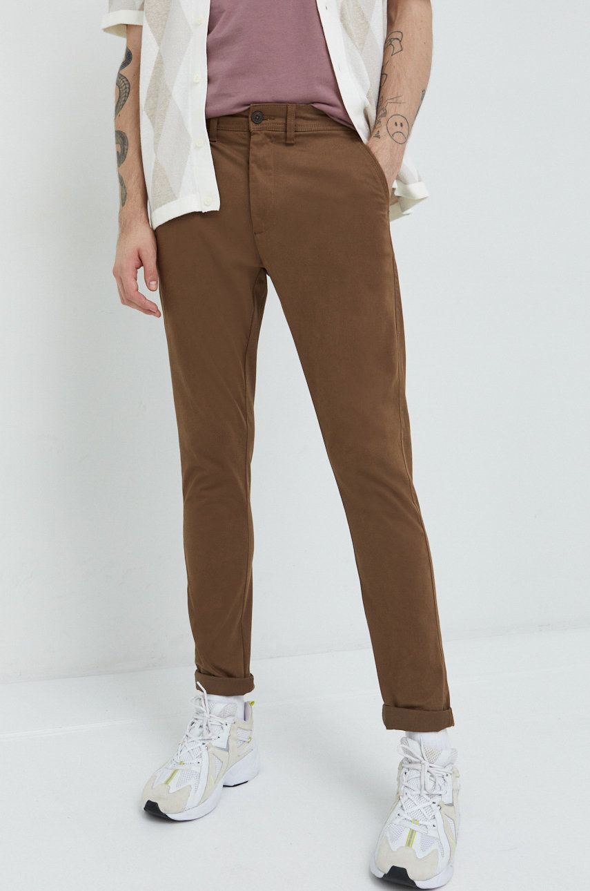 Kalhoty Solid pánské, hnědá barva, jednoduché - hnědá -  98% Bavlna