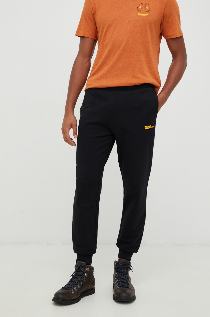 Jack Wolfskin pantaloni de trening din bumbac barbati, culoarea negru, neted