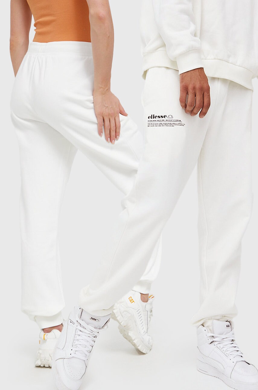 Ellesse pantaloni de trening din bumbac culoarea alb, neted