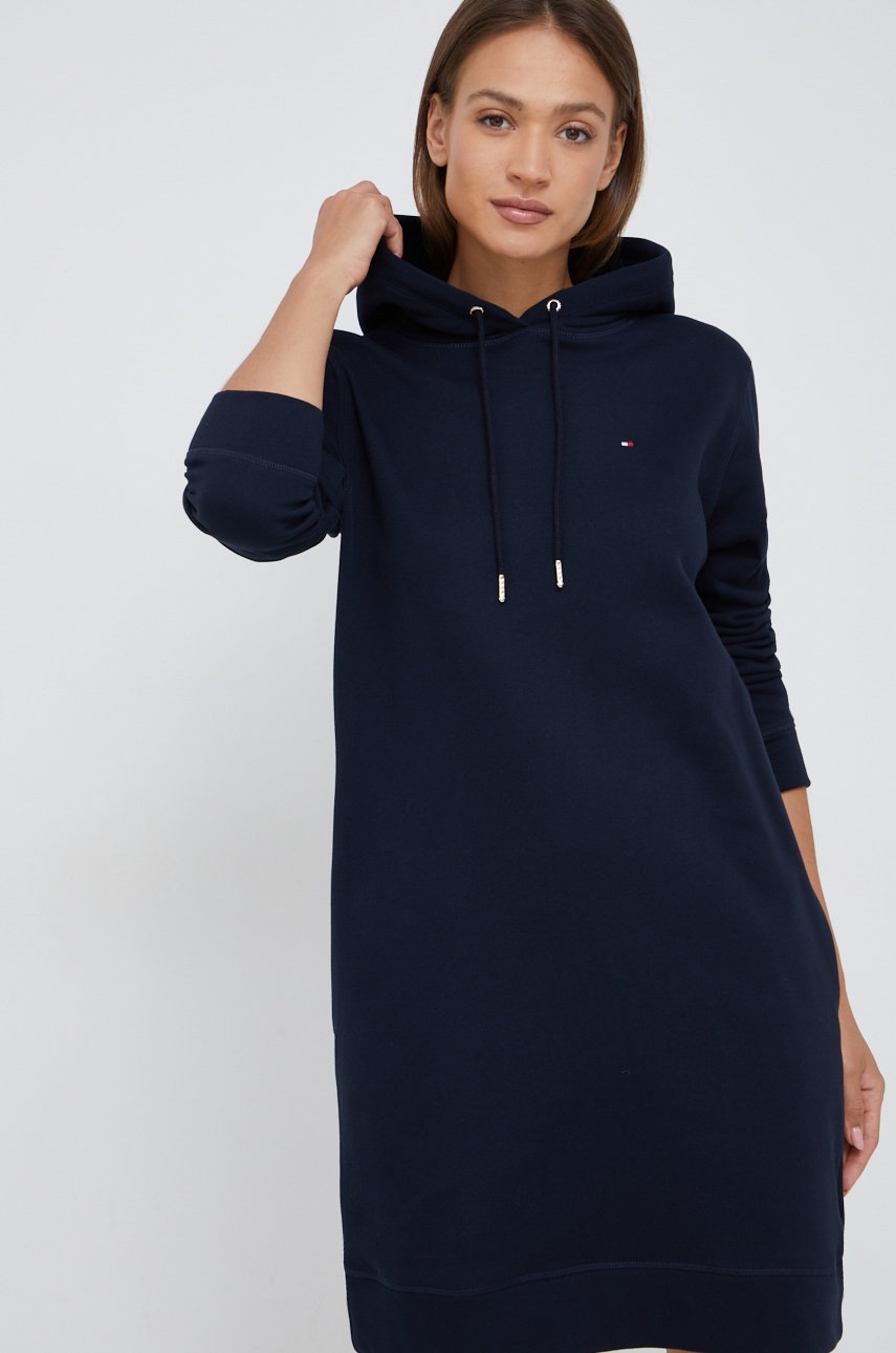 

Памучна рокля Tommy Hilfiger в тъмносиньо къс модел със стандартна кройка, Тъмносин