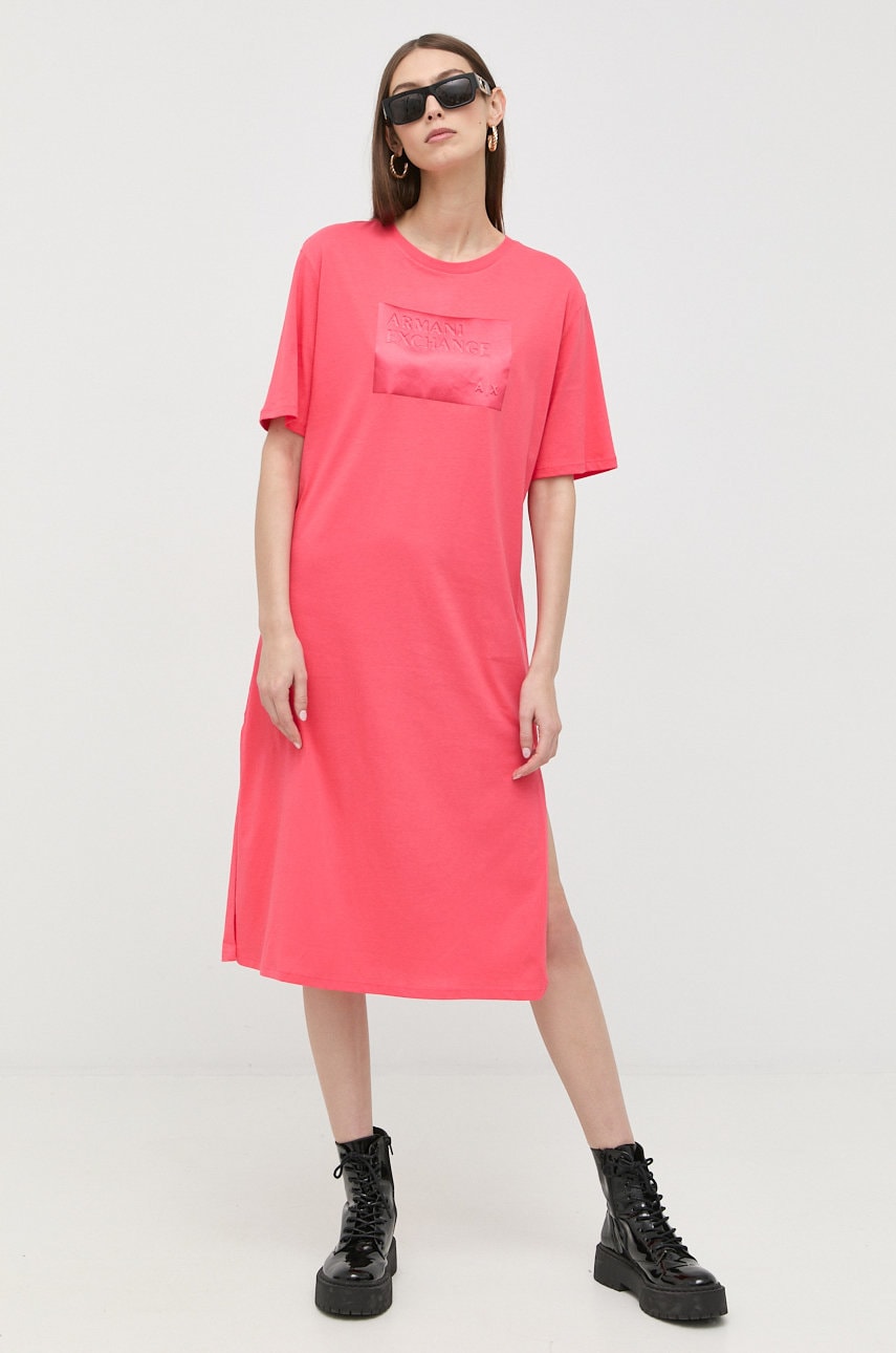 Armani Exchange rochie din bumbac culoarea roz, midi, drept