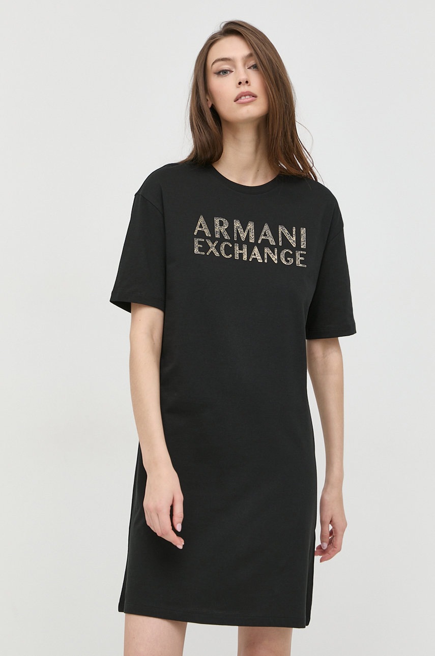 

Памучна рокля Armani Exchange в черно къс модел с уголемена кройка, Черен