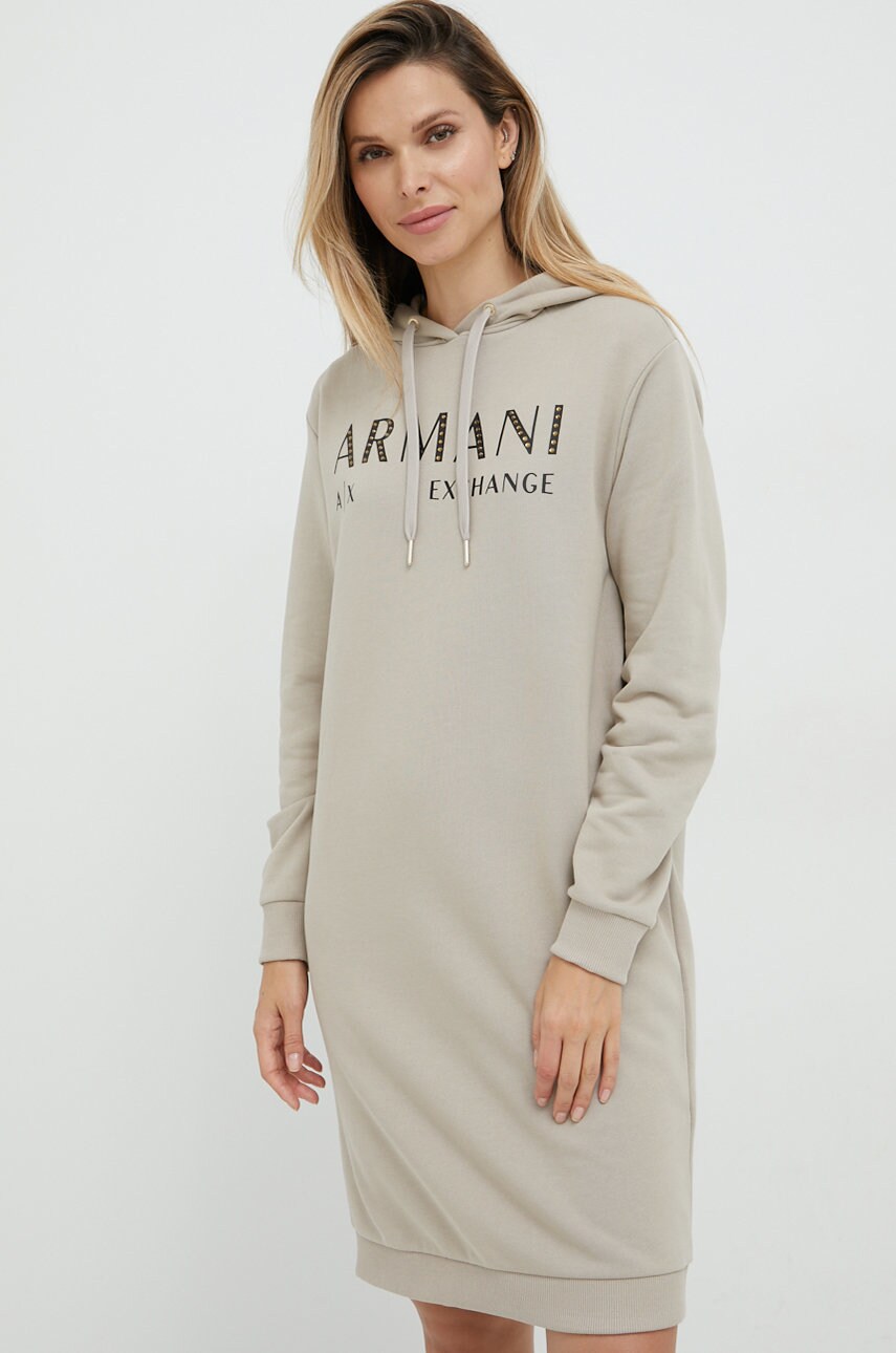 Armani Exchange rochie din bumbac culoarea bej, mini, drept