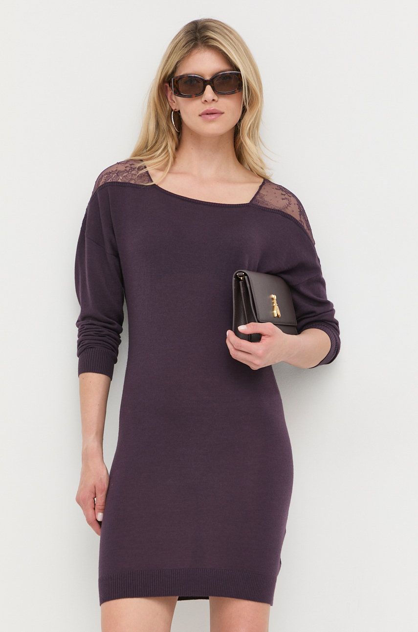 Vlněné šaty Patrizia Pepe fialová barva, mini - fialová -  Hlavní materiál: 100 % Vlna Ozd