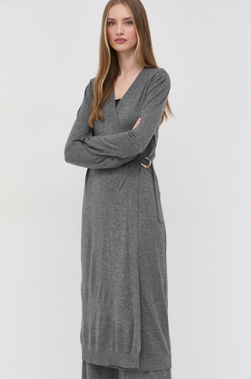 Šaty z vlněné směsi Twinset šedá barva, midi - šedá -  40 % Polyester