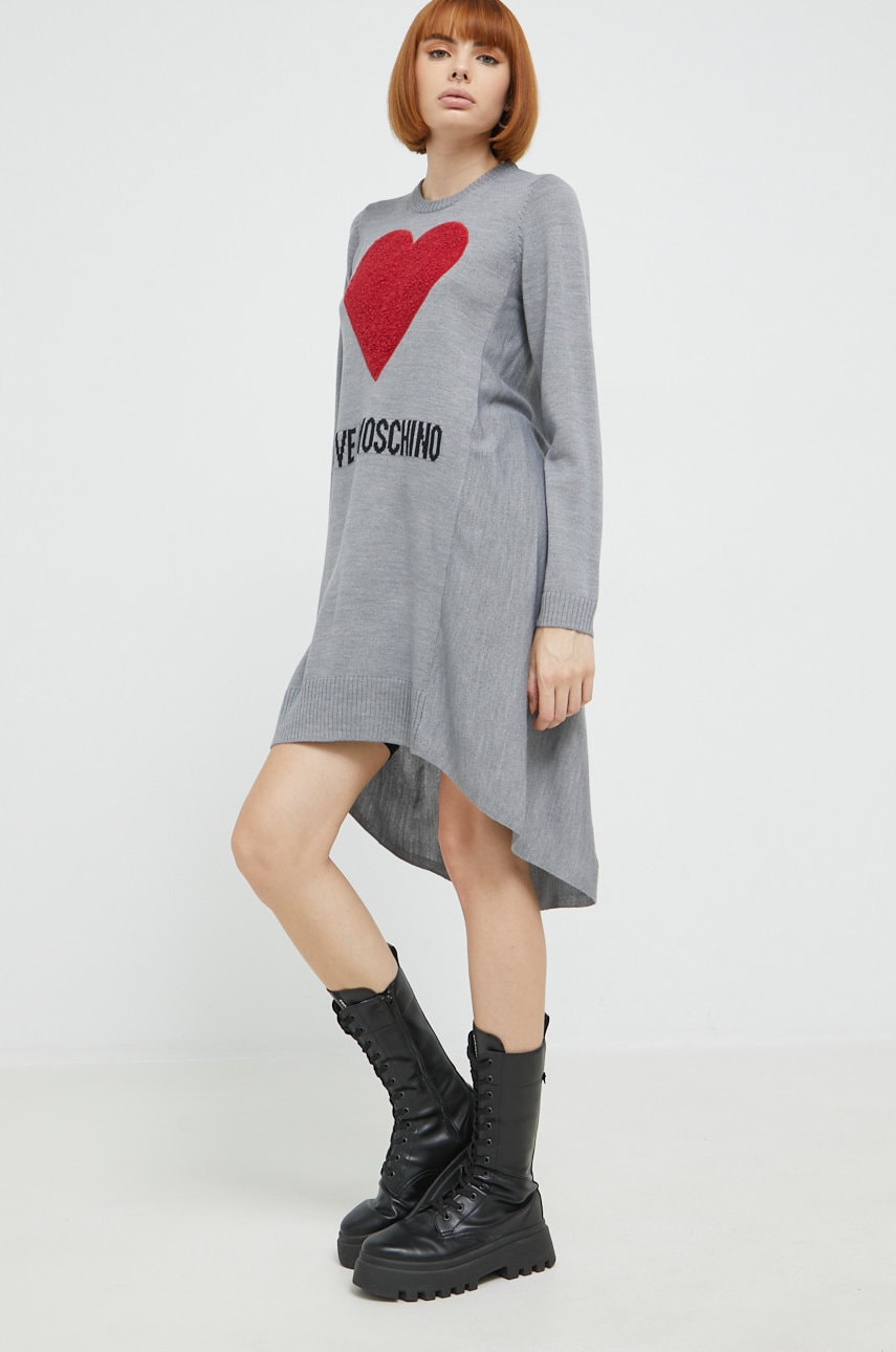 Love moschino rochie din lana culoarea gri, mini, evazati
