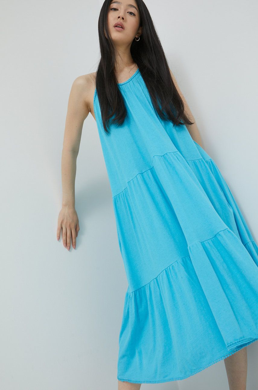 Superdry sukienka z domieszką lnu kolor turkusowy midi rozkloszowana