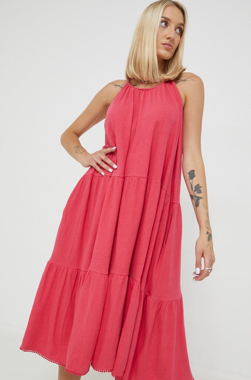 Superdry sukienka z domieszką lnu kolor różowy midi rozkloszowana