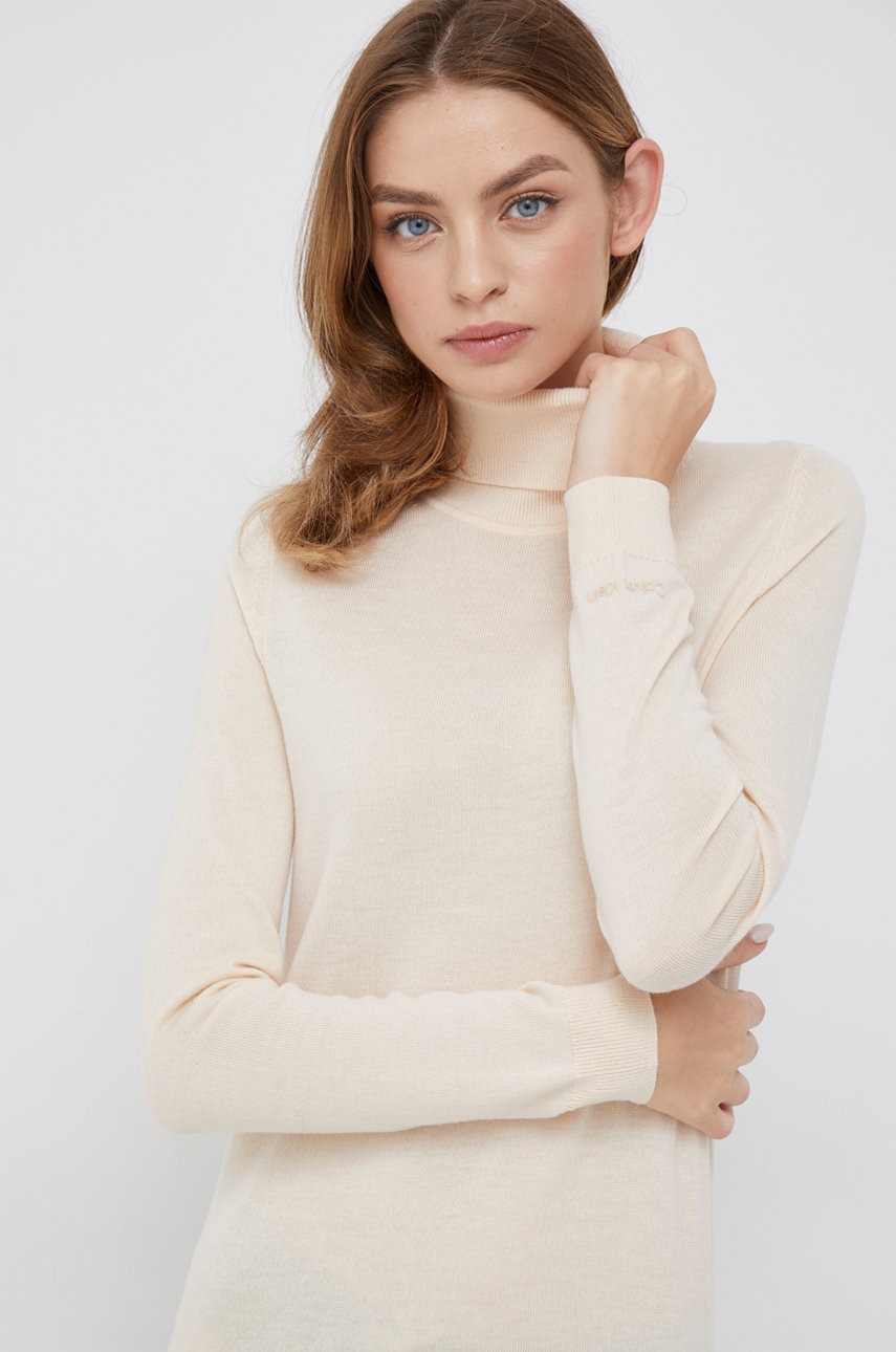 

Вълнена рокля Calvin Klein в бежово дълъг модел с кройка по тялото, Бежов