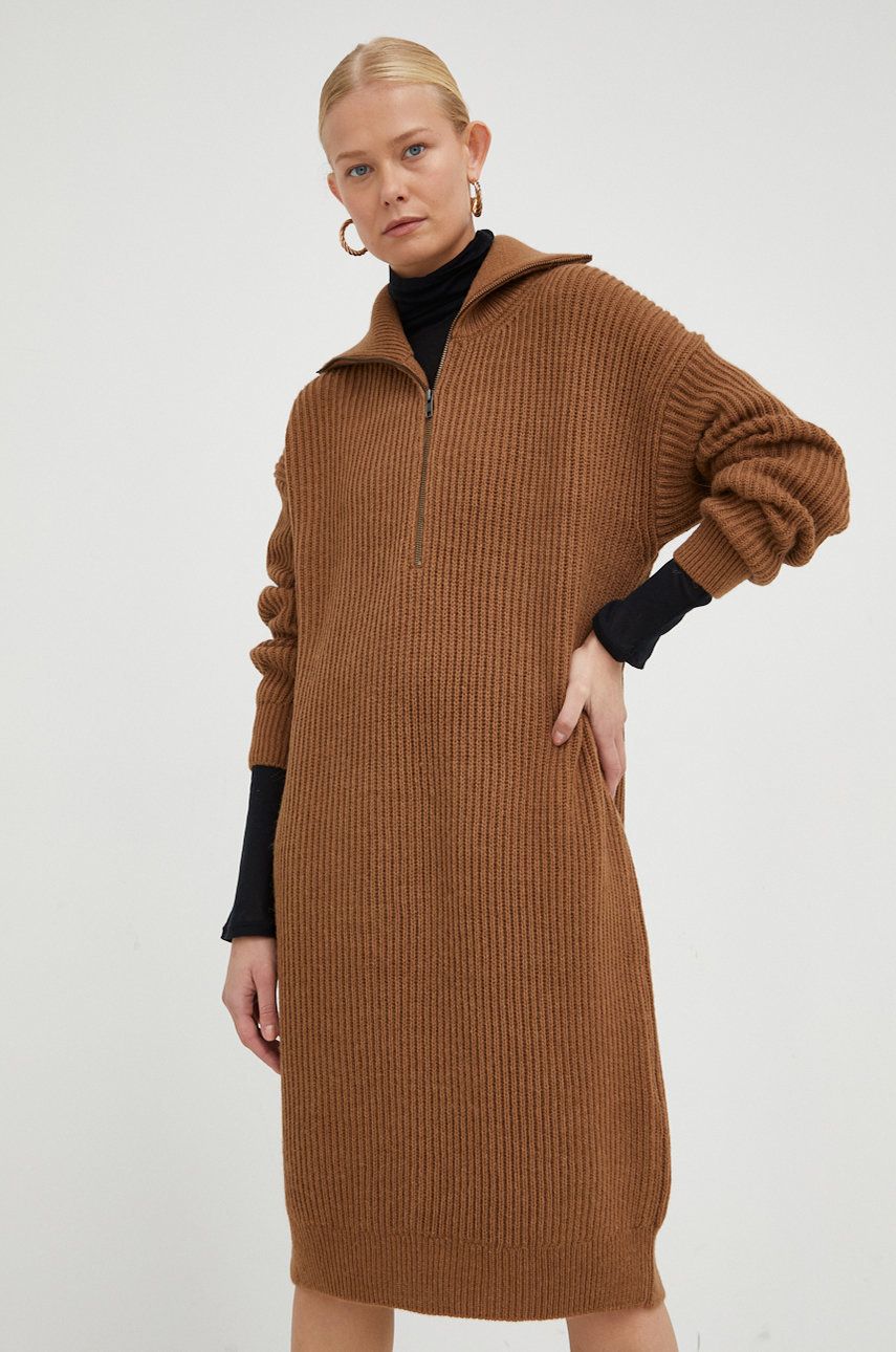 Drykorn rochie din lana culoarea maro, midi, oversize answear.ro