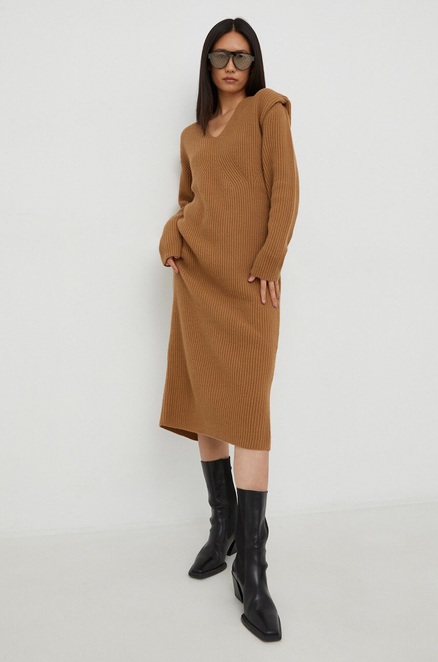 Drykorn rochie din lana culoarea maro, midi, drept