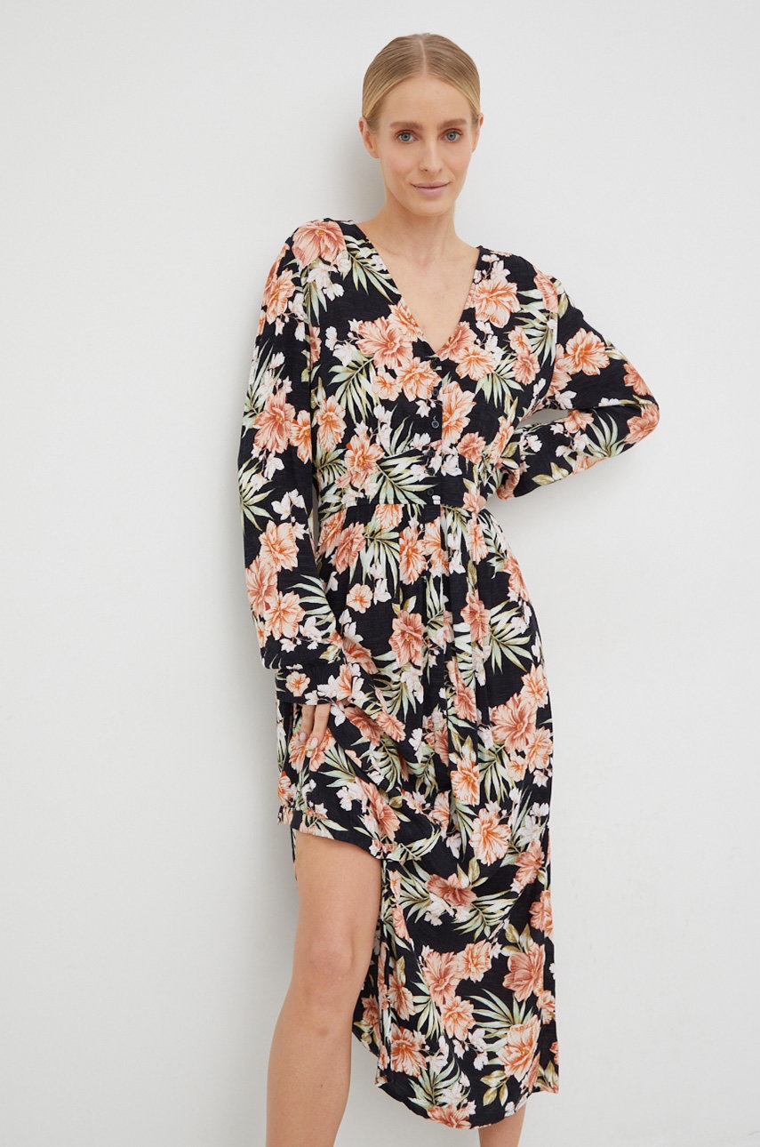 Rip Curl rochie culoarea negru, midi, evazată