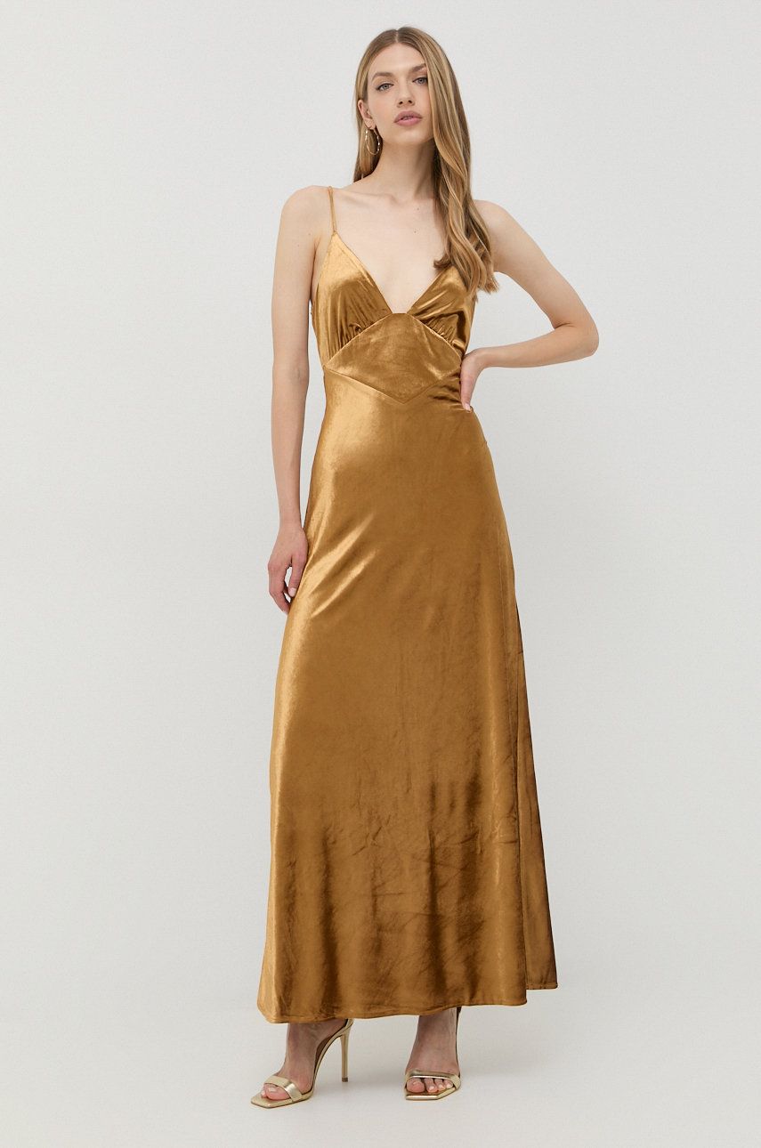 Bardot rochie culoarea auriu, maxi, evazati