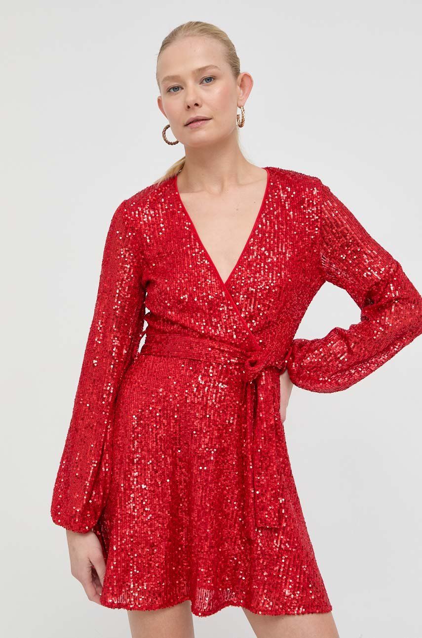 Šaty Bardot červená barva, mini - červená -  Hlavní materiál: 95% Polyester