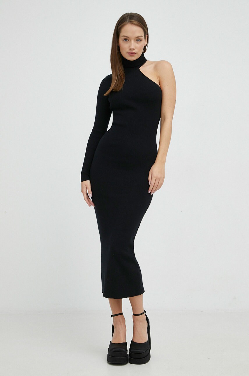 Bardot rochie culoarea negru, midi, mulata