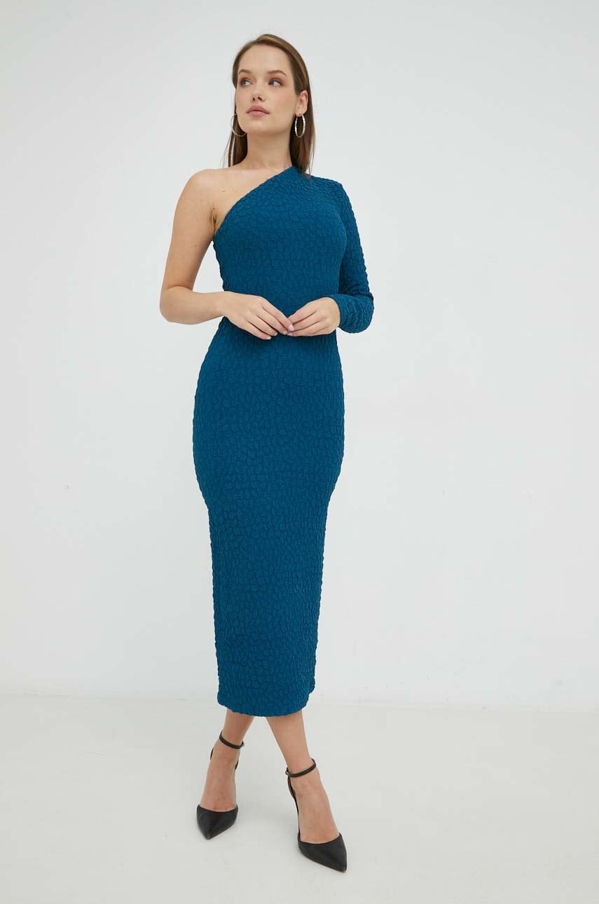 Bardot rochie culoarea albastru marin, midi, drept