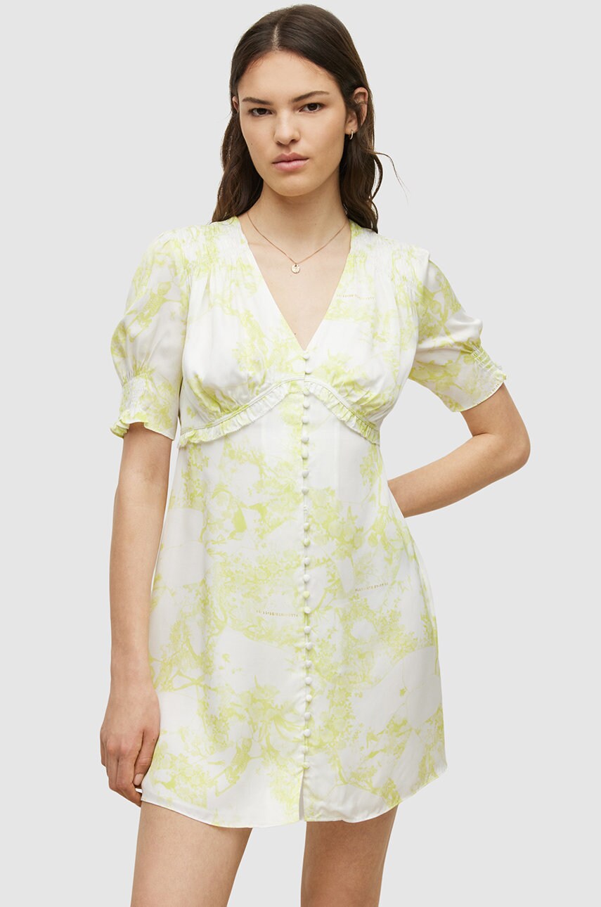 Allsaints rochie culoarea galben, mini, evazati