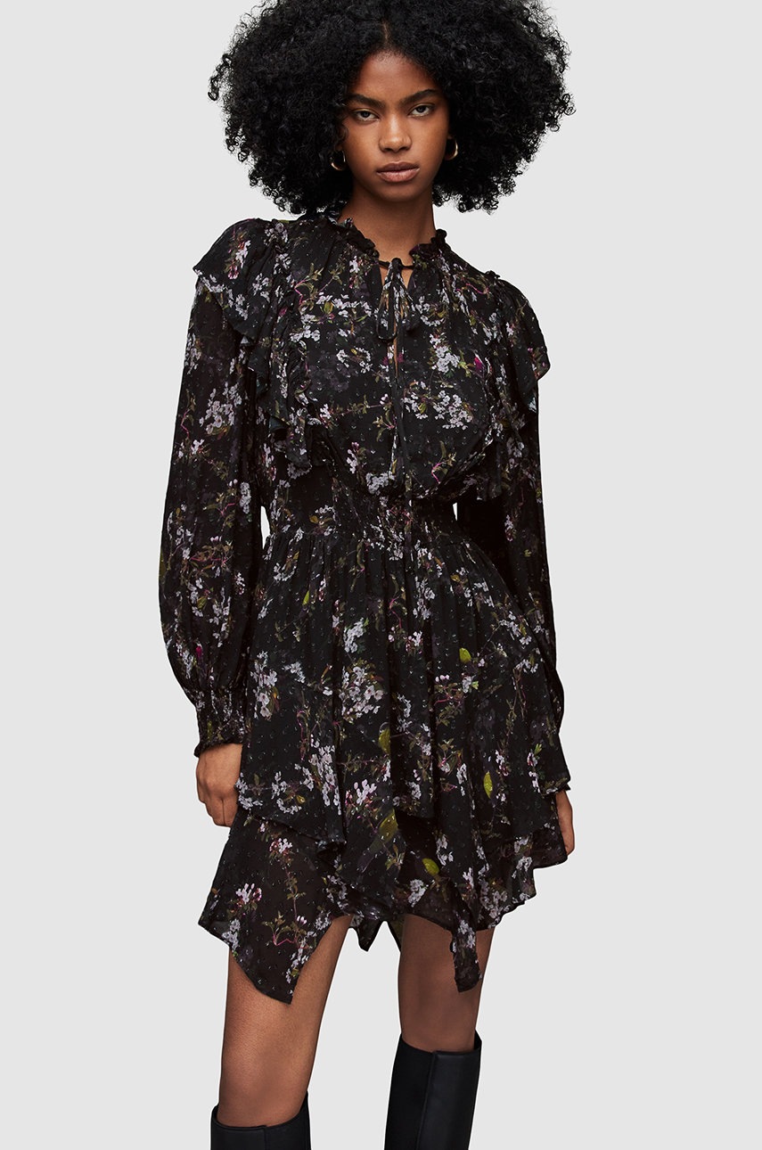 

Рокля AllSaints в черно къс модел разкроен модел, Черен