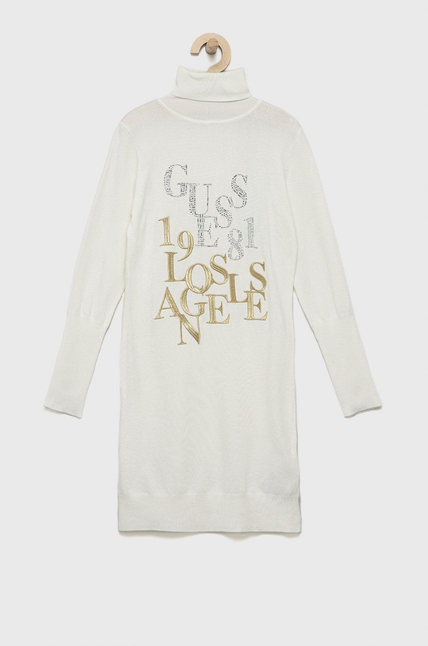 Dívčí šaty Guess bílá barva, midi - bílá -  82% Viskóza