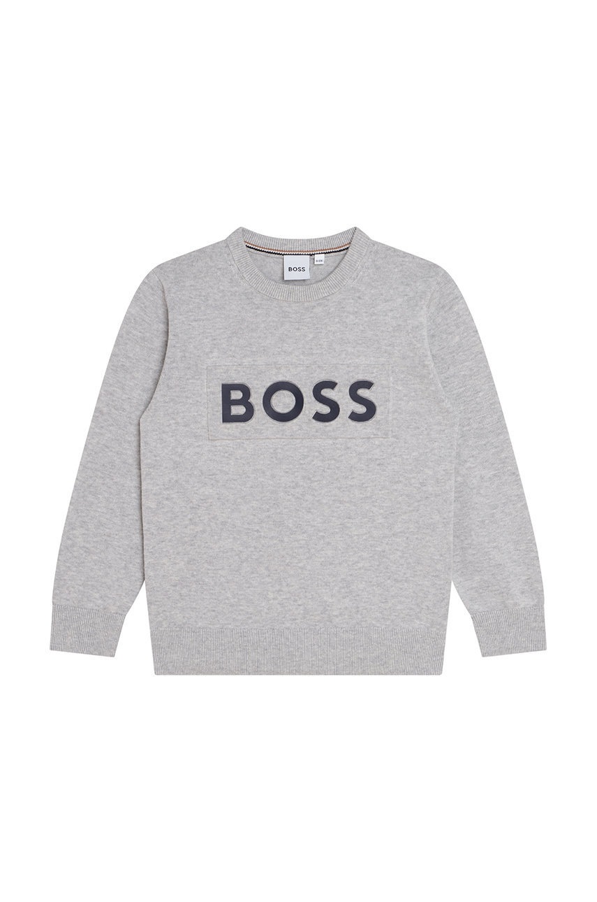 

Детски пуловер BOSS в сиво от лека материя, Сив