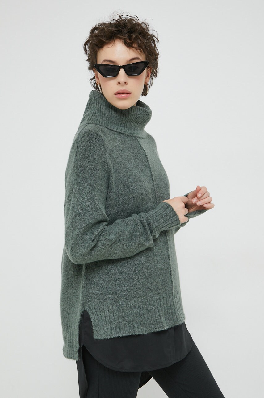 Vila pulover femei, culoarea verde, light, cu guler