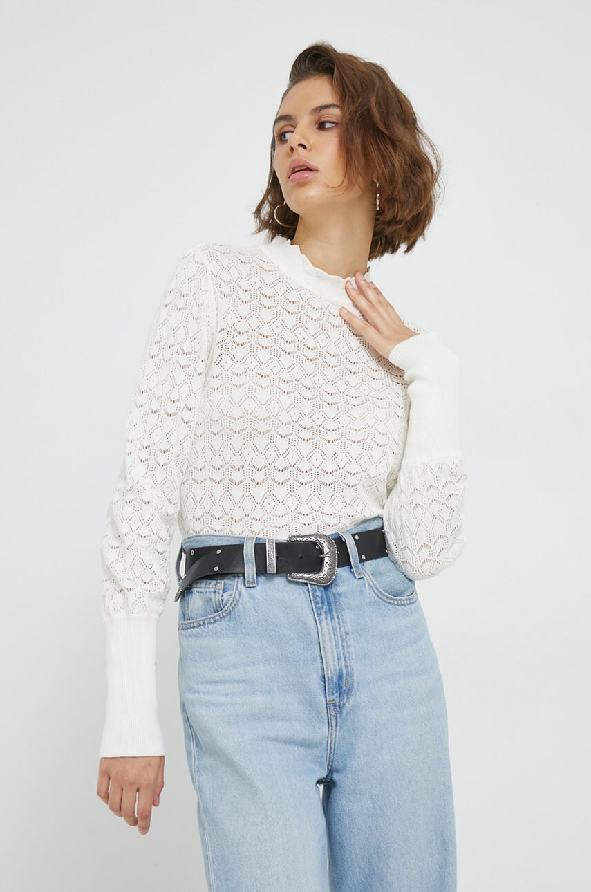 Vila pulover de bumbac femei, culoarea alb, light, cu turtleneck