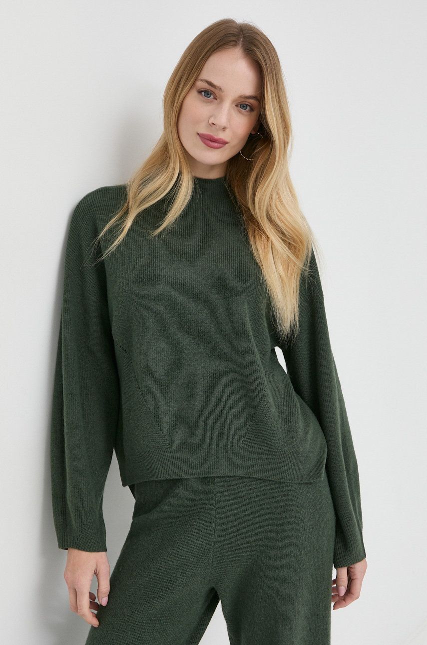 Armani Exchange sweter wełniany damski kolor zielony z półgolfem